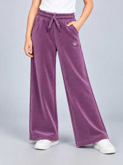 Girls Premium Velour Crown stone Printed Wide Leg Pant