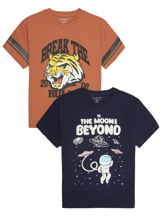 Boys set of 2 printed pure cotton T-shirts with Raised Print-NAVY BRICK NEW STANDARD