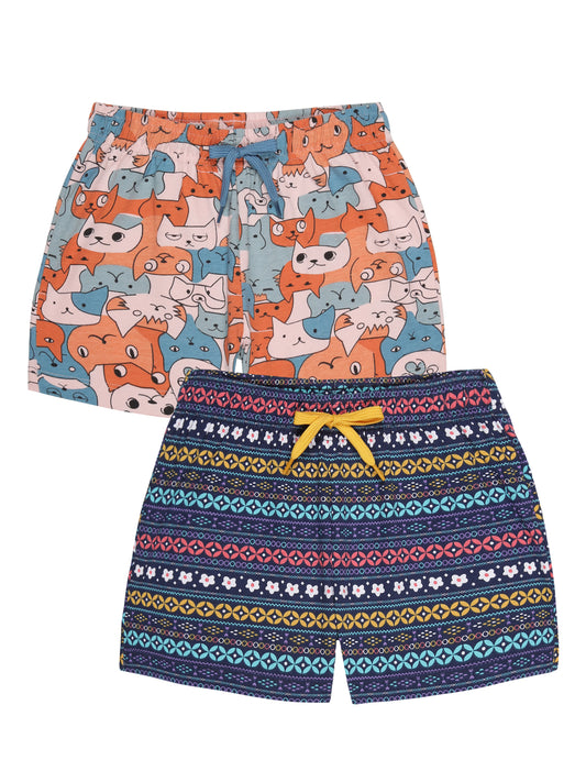 Girls Pure cotton 2 pack  All Over Printed Shorts-SOFT PINK AOP WHITE GEOMETRIC AOP