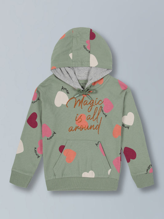Heart AOP & Magic Is All Around Print  Hooded Cotton  sweatshirt - Moss Green