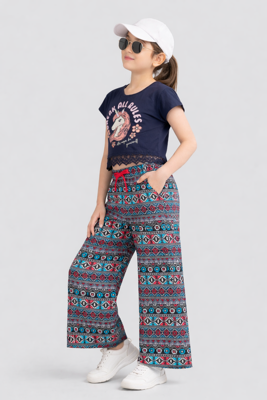 Girls Premium Cotton Crop Top with lace and Wide Leg Pant Set1.Round neck 2. Crop Top With Lace T-shirt  3.Gilter Printed 4. Sleveeless T-shirt 5.Wide Leg pant with Self Fabric Elasticated at waist  6.Lurex Drawcard with plastic tipping 7 .All Over Print