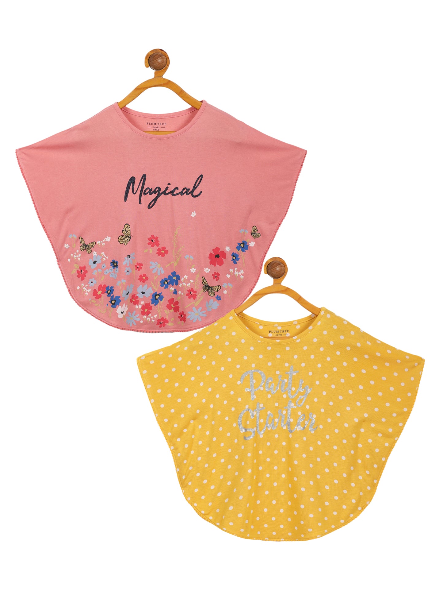 Girls Set of 2 printed Soft Rayon Poncho T-shirts-YELLOW	CORAL