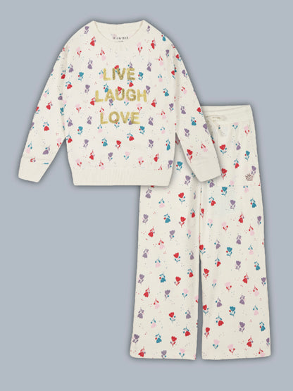 Glitter Printed Round Neck Pullover Sweatshirt and Printed Jogger set- Off White