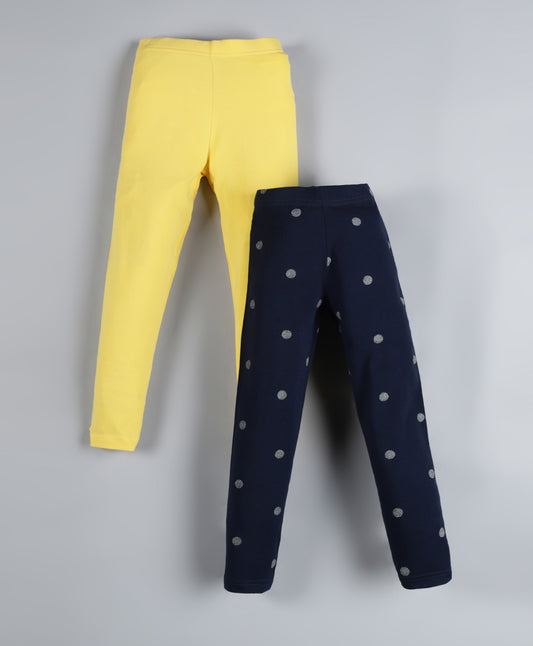 Plum Tree Girls Polka printed and solid Leggings( Pack of 2) -NAVY & YELLOW