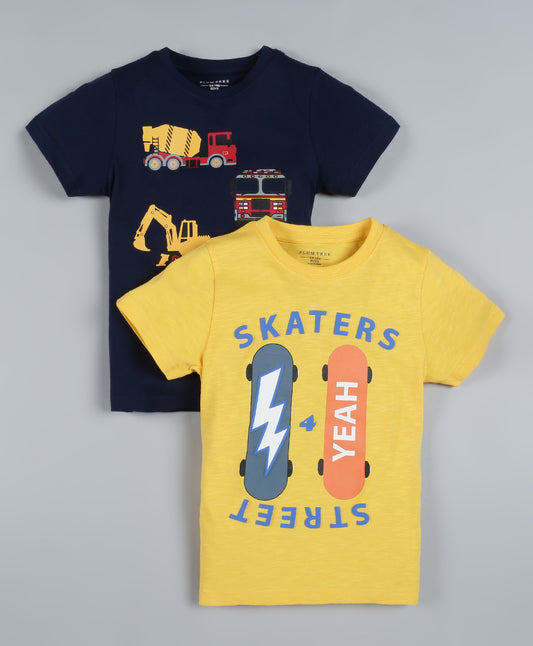 Plum Tree Boys Half Sleeve Skater Print T-shirt( Pack of 2)-YELLOW NAVY