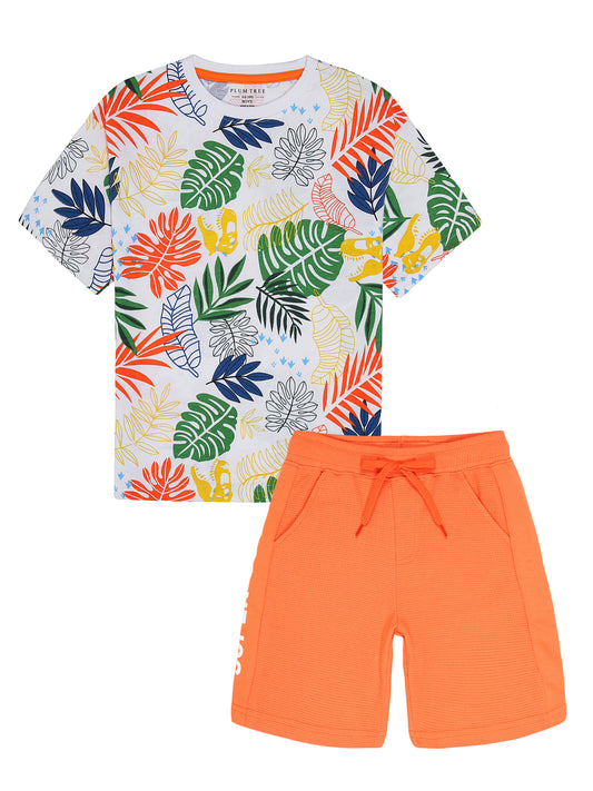 Boys 2 piece pure cotton printed top & Waffle knit Shorts Set-OFF WHITE ORANGE