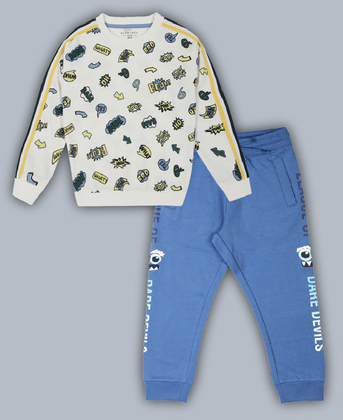 Round Neck Pullover Sweatshirt and Printed Jogger set- Grey and Blue