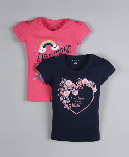 Plum Tree Girls Heart Print T-shirt ( Pack of 2)-NAVY & DARK PINK