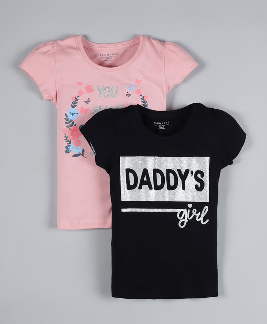 Plum Tree Girls Daddy Print T-shirt ( Pack of 2)-BLACK PINK