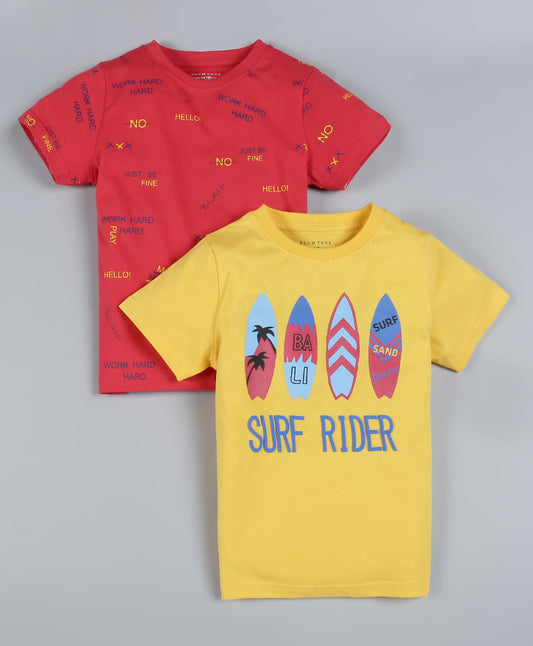 Plum Tree Boys Half Sleeve Surf Print T-shirt( Pack of 2)-OFF WHITE RED