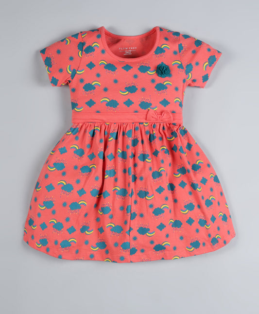 Plum Tree Girls Rainbow & Cloud  printed Dress-ORANGE