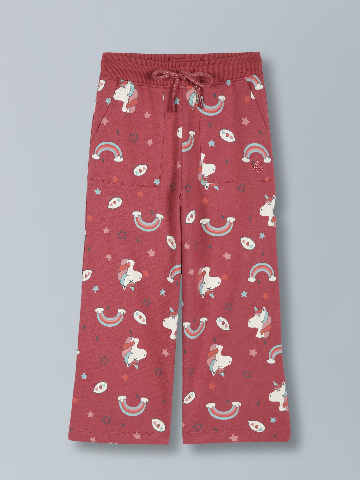 Girls Unicorn Aop & Crown Stone wide leg relaxed Fit Cotton Trouser - Grape