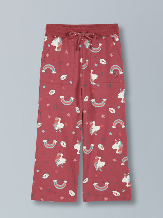 Girls Unicorn Aop & Crown Stone wide leg relaxed Fit Cotton Trouser - Grape