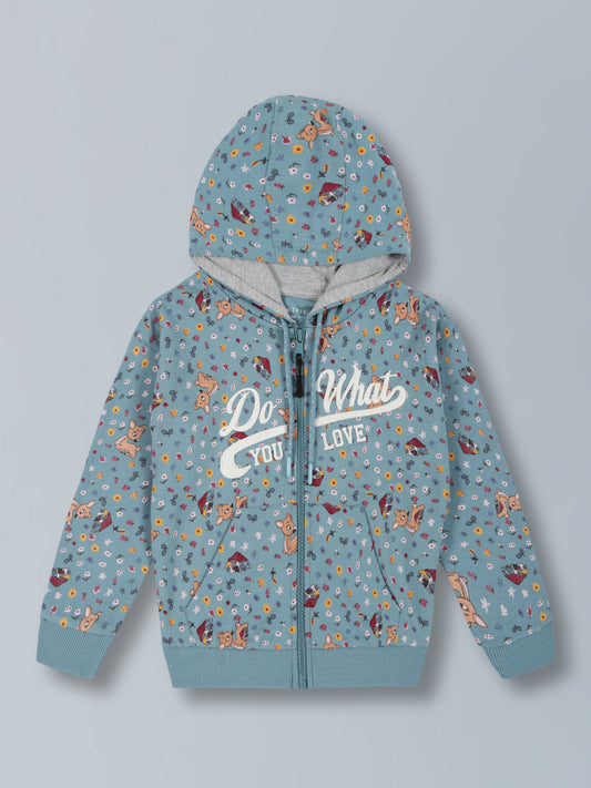 Girls Deer Aop & Do What You Love Print Hooded front Open Zipper Cotton sweatshirt - Teal Blue