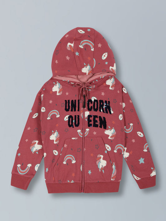 Girls Unicorn AOP & EMB Hooded Front Open Zipper Cotton  sweatshirt - Grape