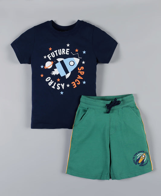 Plum Tree Boys Half Sleeve Rocket Print T-shirt and Short( Pack of 2)-DARK BLUE GREEN