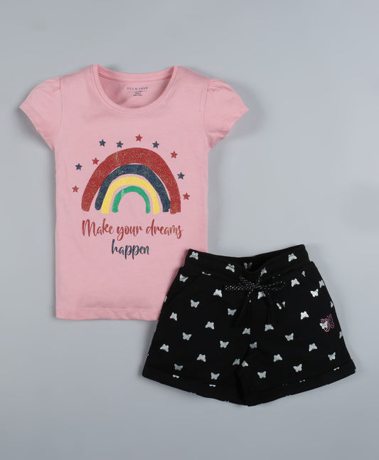 Plum Tree Girls Half Sleeve Rainbow Print T-shirt and Short( Pack of 2)-PINK & BLACK