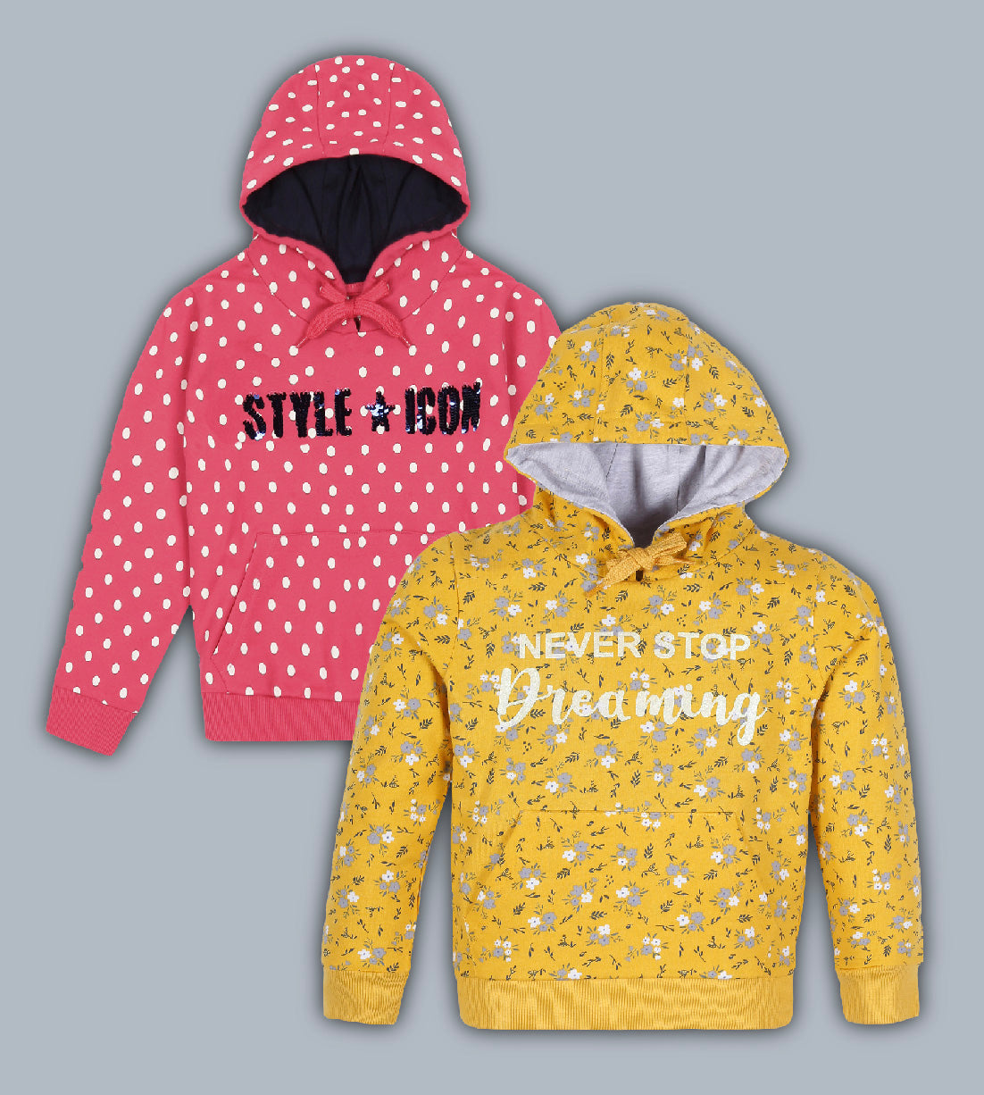 Polka Printed Hoodie Sweatshirt pack of 2- Yellow and Pink