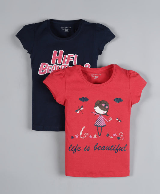 Plum Tree Girls Life is Beautiful Print T-shirt ( Pack of 2)-RED NAVY