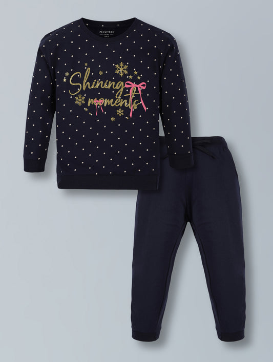 Plum Tree Girls 100% Cotton Polka Dot All Over Printed Full Sleeve T-Shirt & Jogger (Set)