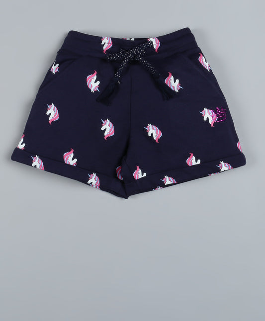 Plum Tree Girls  All Over Unicorn Printed Shorts-NAVY