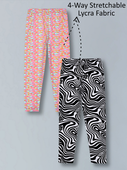 Girls Cotton Lycra Stretch Printed Legging Pack of 2