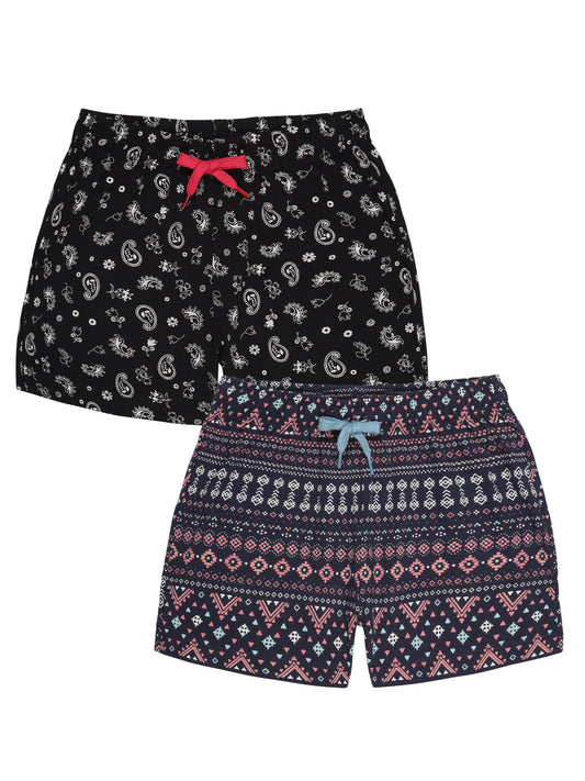 Girls Pure cotton 2 pack  All Over Printed Shorts-BLACK TRUE NAVY