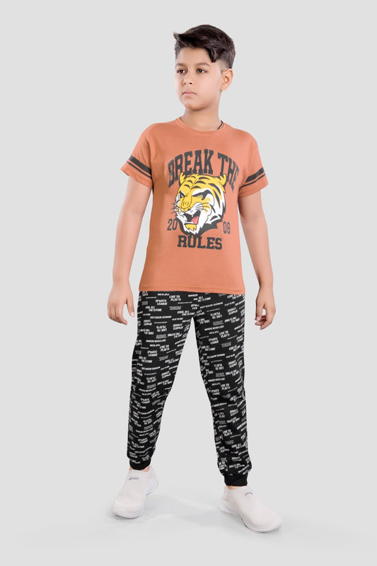 Boys 2 piece pure cotton printed top & knit Jogger Set-BRICK NEW STANDARD BLACK