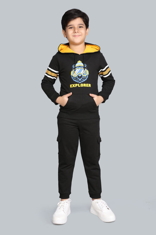 Boys Hooded Sweatshirt with Raised Print And Cargo Pocket Jogger Pants