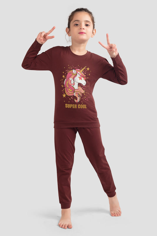 Plum Tree Girls 100% Cotton Unicorn Printed Full Sleeve T-Shirt & Jogger (Set)