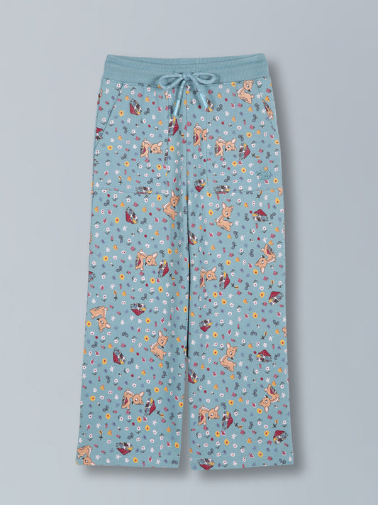 Girls Deer AOP & Crown Stone wide leg relaxed Fit Cotton Trouser - Teal Blue