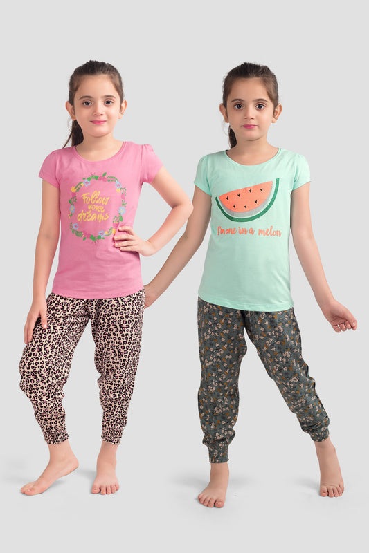 Girls Pure cotton Glitter Printed  Top and Rayon Pant Set (Pack Of 4) - Multi