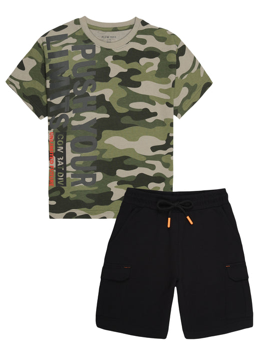 Boys 2 piece pure cotton printed top & knit Cargo Shorts Set-OLIVE CAMO AOP BLACK