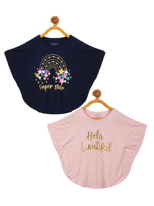 Girls Set of 2 printed Soft Rayon Poncho T-shirts -PINK	NAVY