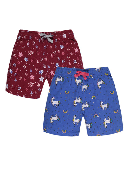 Plum Tree Girls  All Over Flower Printed Shorts( Pack of 2)-MID BLUE DARK RED