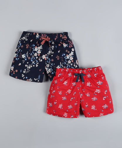 Plum Tree Girls  All Over Multi Colored floral  Printed Shorts( Pack of 2)-RED & NAVY