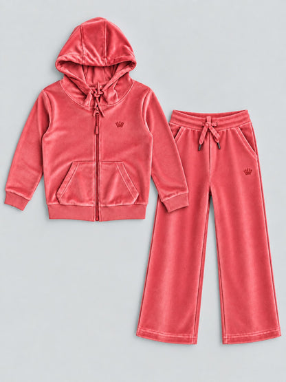 Girls Premium Velour Full Zipper Hooded Sweatshirt and Wide Leg Pant Set