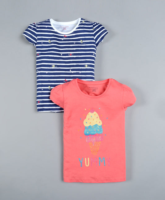 Plum Tree Girls Ice Crean Print  T-shirt( Pack of 2)-ORANGE & STRIPER