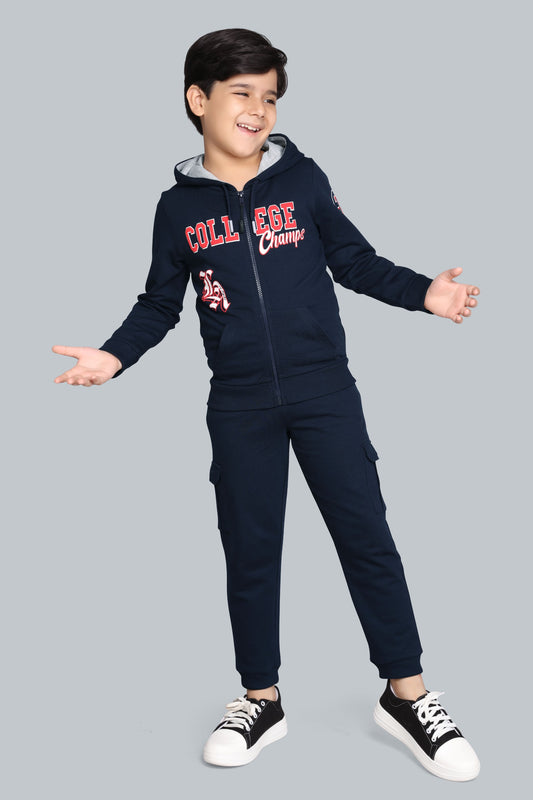 Boys Zip-Up Hoodie With Raised “College Champs” sweatshirt And Cargo Pocket Jogger Pants