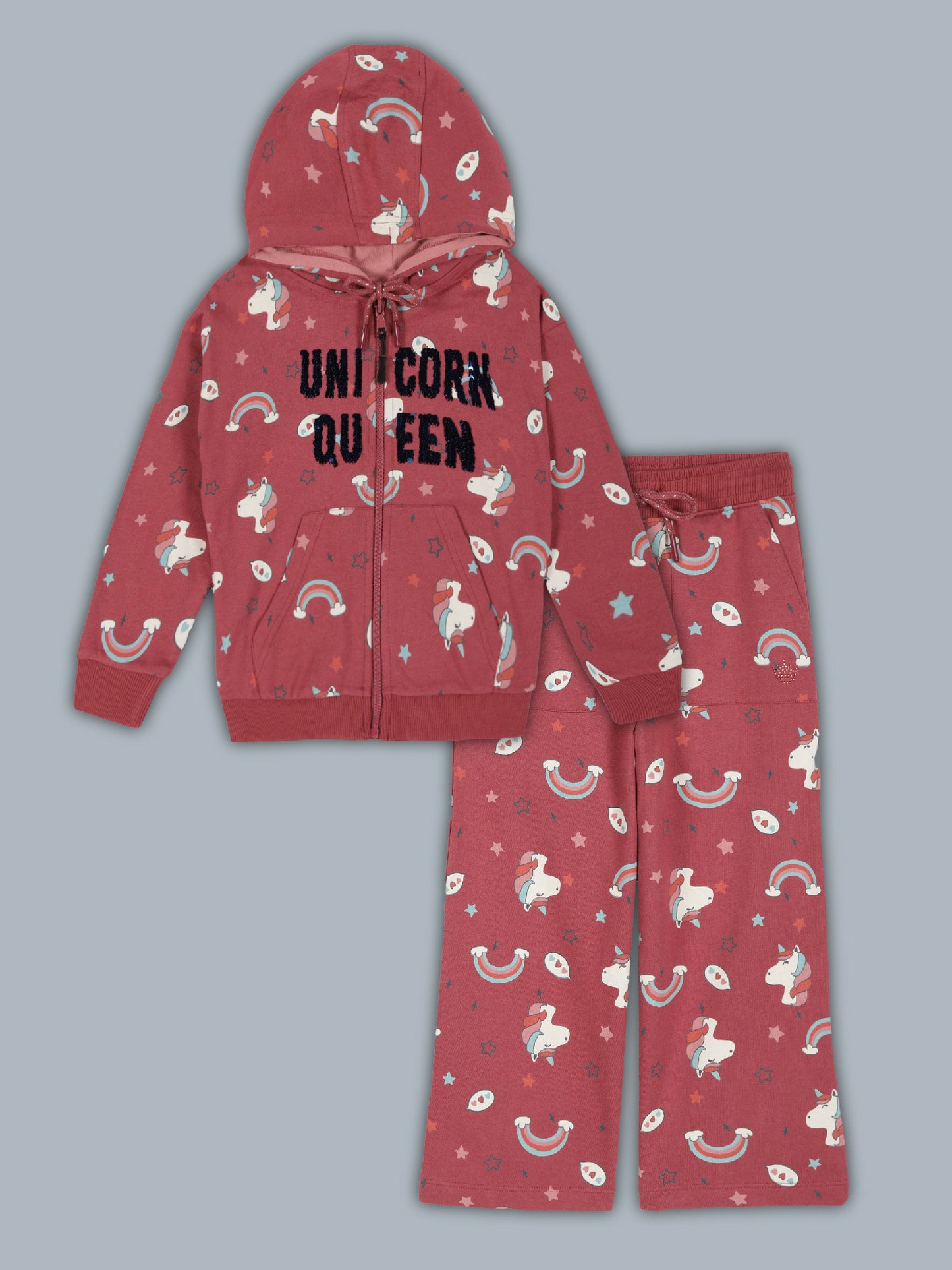 Hoodie Zip Up Sweatshirt and Printed wide leg pant set- Purple