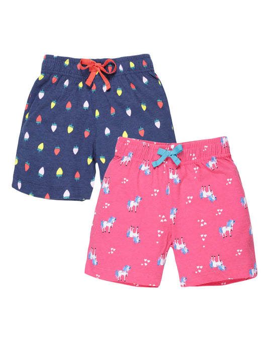 Plum Tree Girls  All Over Unicorn Printed Shorts( Pack of 2)-DARK PINK NAVY