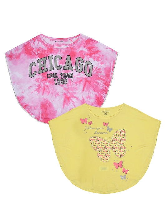 Girls Set of 2 printed Soft Rayon Poncho T-shirts-OFF WHITE YELLOW