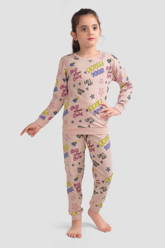 Plum Tree Girls 100% Cotton Chill Vibes Only Star All Over Printed Full Sleeve T-Shirt & Jogger (Set)