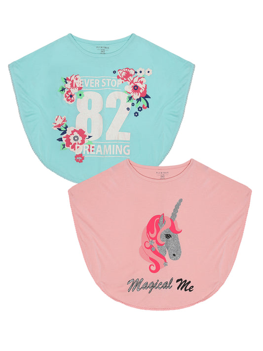 Girls Set of 2 printed Soft Rayon Poncho T-shirts-AQUA PINK