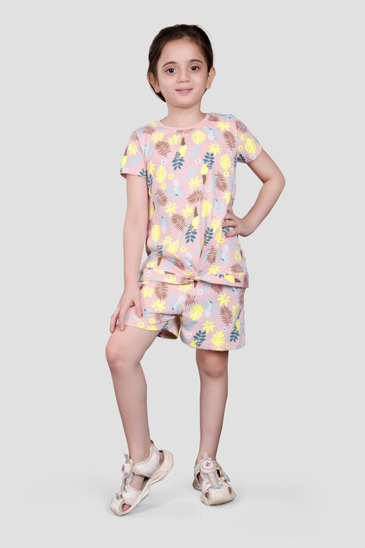 Girls 2 piece pure cotton All Over Printed Co-ordinating Top and Short Set-SOFT PINK AOP