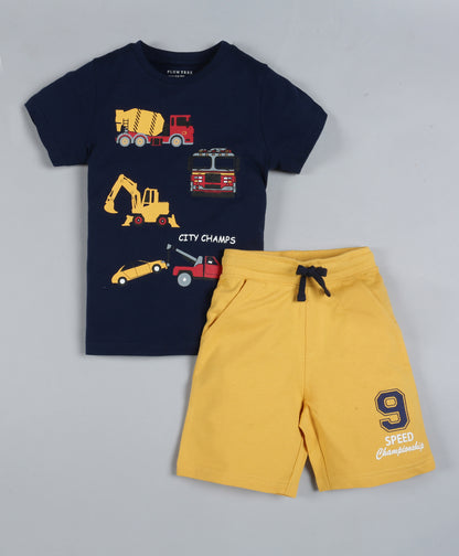 Plum Tree Boys Half Sleeve Fire Truck Print T-shirt and Short( Pack of 2)-NAVY YELLOW