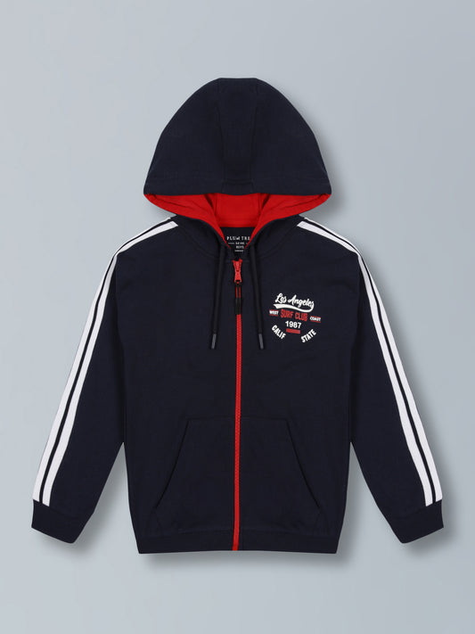 Los Angeles Print Hooded Front Open zipper Cotton sweatshirt- Navy/Winter Red