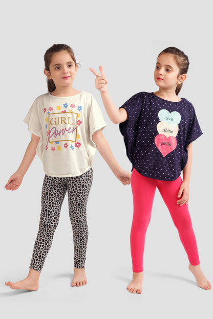 Girls Soft Rayon Poncho T-shirts and All Over Printed Leggings set (Pack Of 4) - Multi