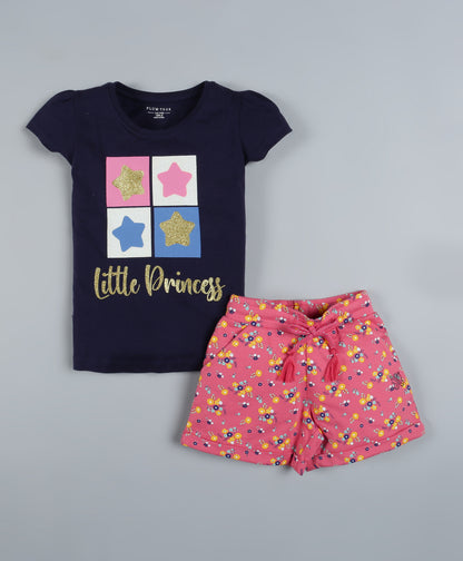 Plum Tree Girls Half Sleeve Little Princess Print T-shirt and Short( Pack of 2)-NAVY & ORANGE