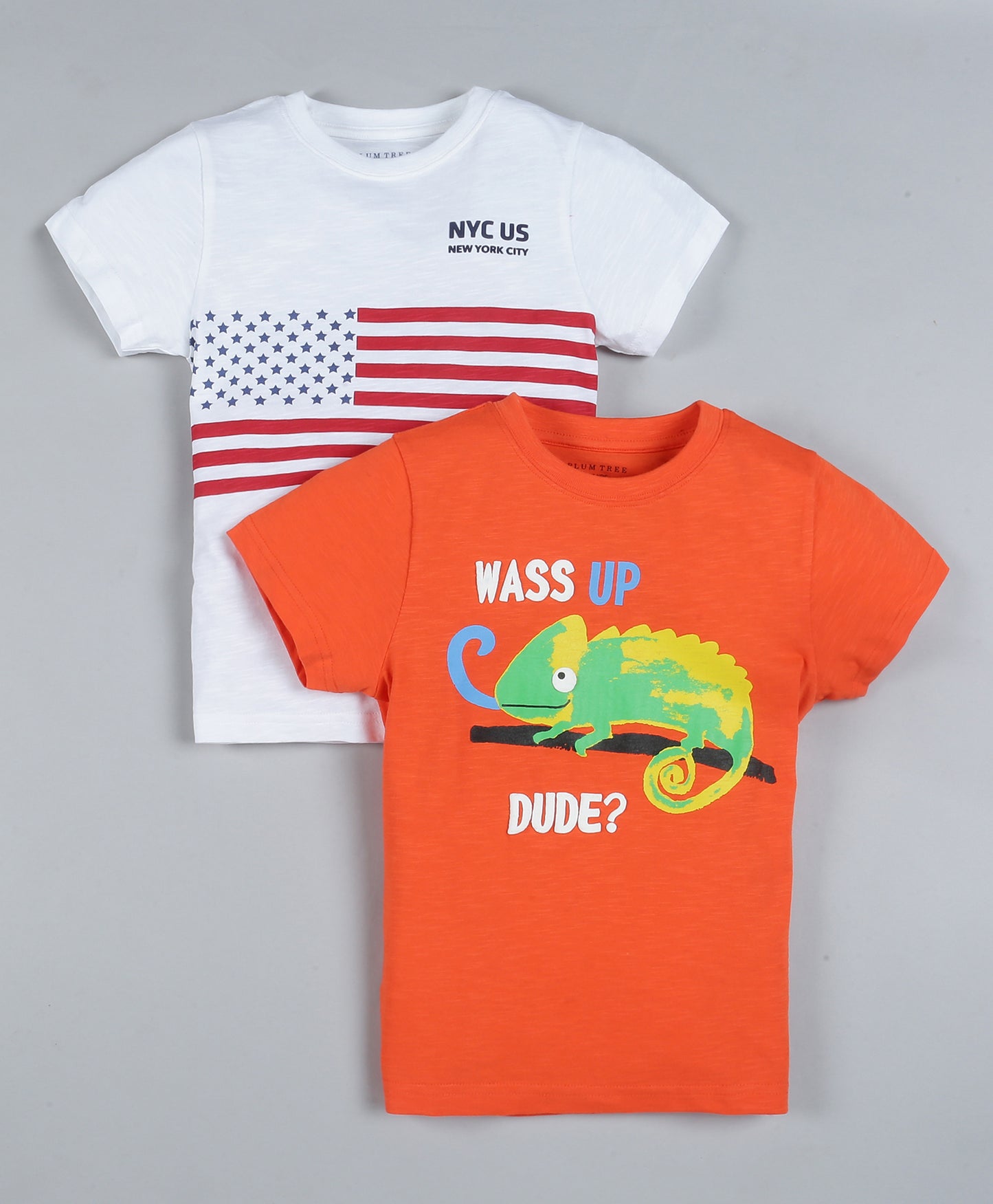 Plum Tree Boys Half Sleeve Monster Print T-shirt( Pack of 2)-OFF WHITE ORANGE